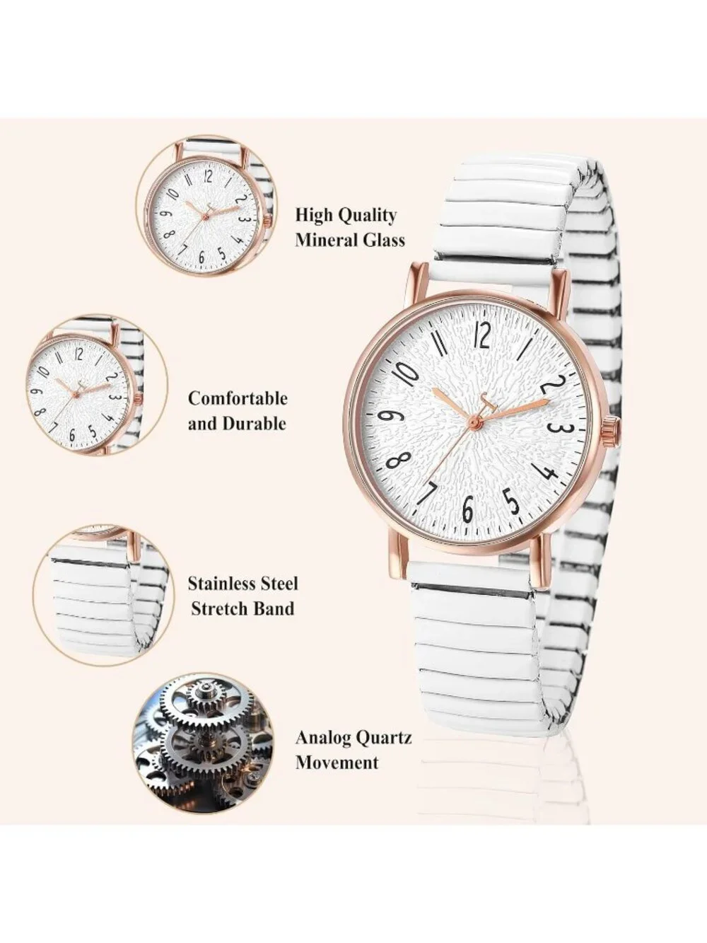 Women's White Analog Quartz Elastic Strap Arabic Numerals Waterproof Wrist Watch